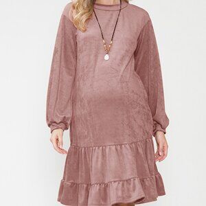 Maternity Long Sleeve Velvet Princess Midi Ruffle Dress